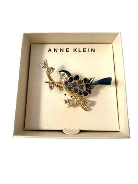 Anne Klein Bluebird Brooch Gold Tone Blue Enamel Rhinestone Bird on Branch Pin w